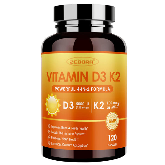 ZEBORA Vitamin D3+K2 5000 IU (MK-7 100 mcg) - 120 Capsules
