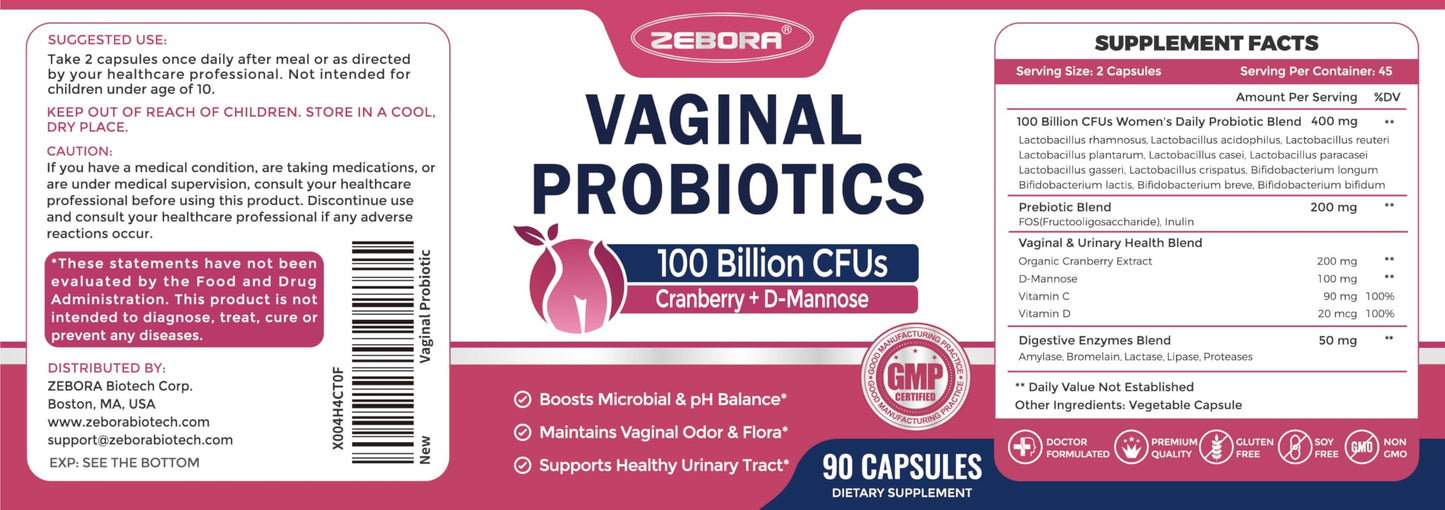 ZEBORA Vaginal Probiotics for Women - 100 Billion CFUs, 90 Veggie Capsules