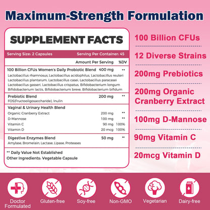 ZEBORA Vaginal Probiotics for Women - 100 Billion CFUs, 90 Veggie Capsules