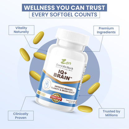 ZEN LIFE HERB IQ+ Brain - Caffeine-Free, Clinically Tested Focus, Concentration, Memory & Energy | 30 Softgels