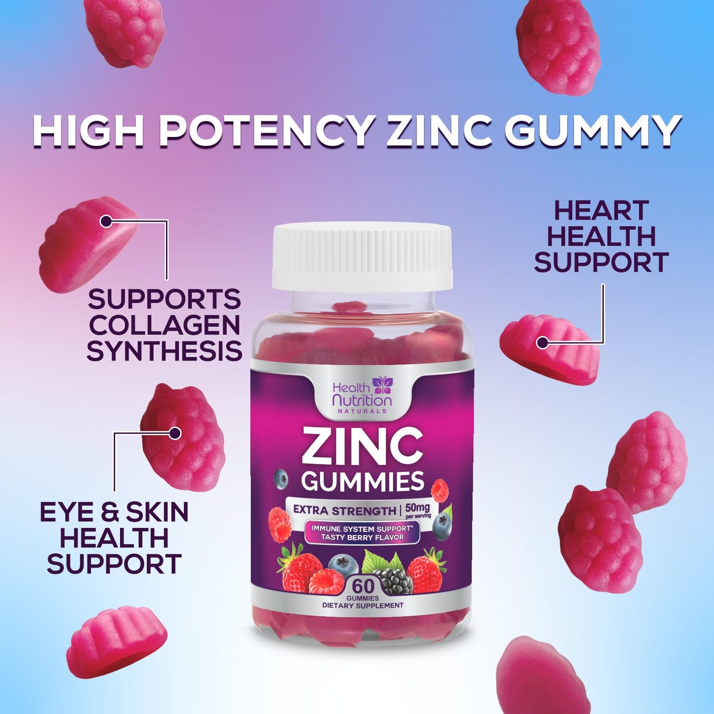 Zinc 50mg Gummies - Max Strength for Immune & Skin Health | Vegan, Non-GMO, Gluten Free | 60 Gummies