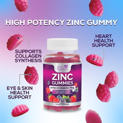 Zinc 50mg Gummies - Max Strength for Immune & Skin Health | Vegan, Non-GMO, Gluten Free | 60 Gummies