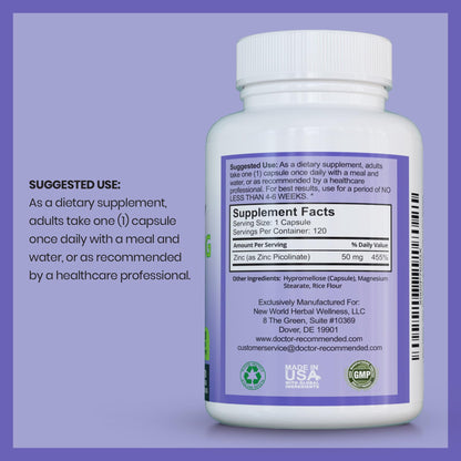 Zinc 50mg Picolinate – Immune Support | 120 Veggie Capsules | High Potency Zinc