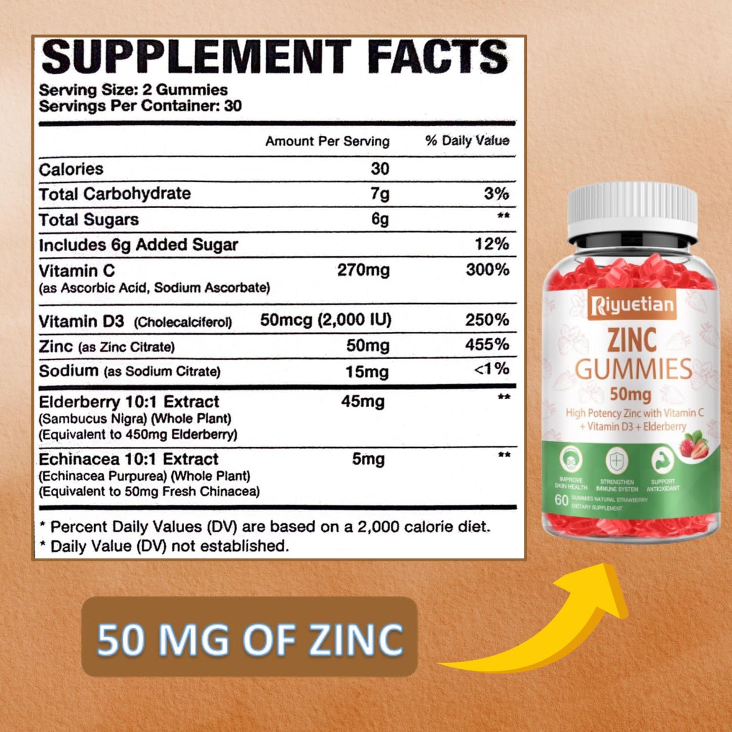 Zinc Gummies 50mg High Potency with Vitamin C, D3 & Elderberry – Immune Support (Vegan, Non-GMO, Gluten Free) – 60 Gummies