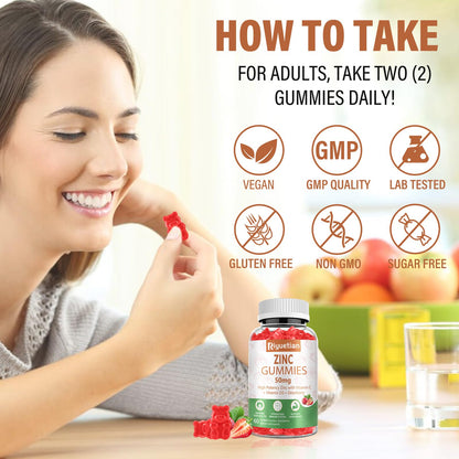Zinc Gummies 50mg High Potency with Vitamin C, D3 & Elderberry – Immune Support (Vegan, Non-GMO, Gluten Free) – 60 Gummies