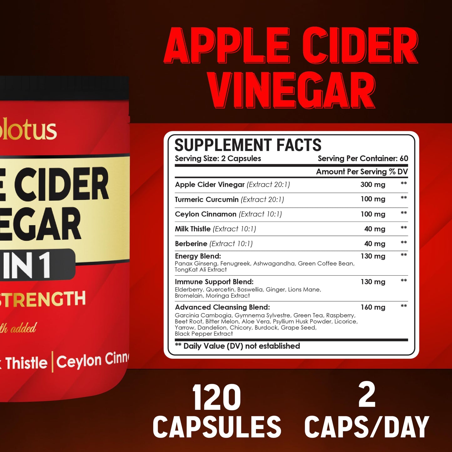 Zolotus 32-in-1 Apple Cider Vinegar Capsules | Turmeric, Cinnamon & Immune Support | 120 Caps