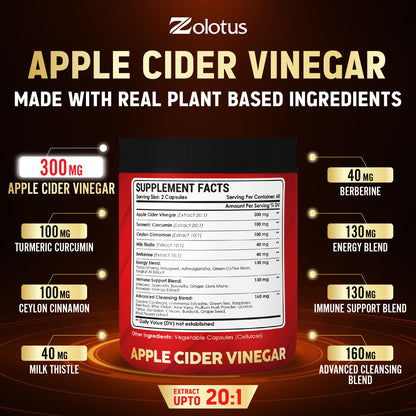 Zolotus 32-in-1 Apple Cider Vinegar Capsules | Turmeric, Cinnamon & Immune Support | 120 Caps