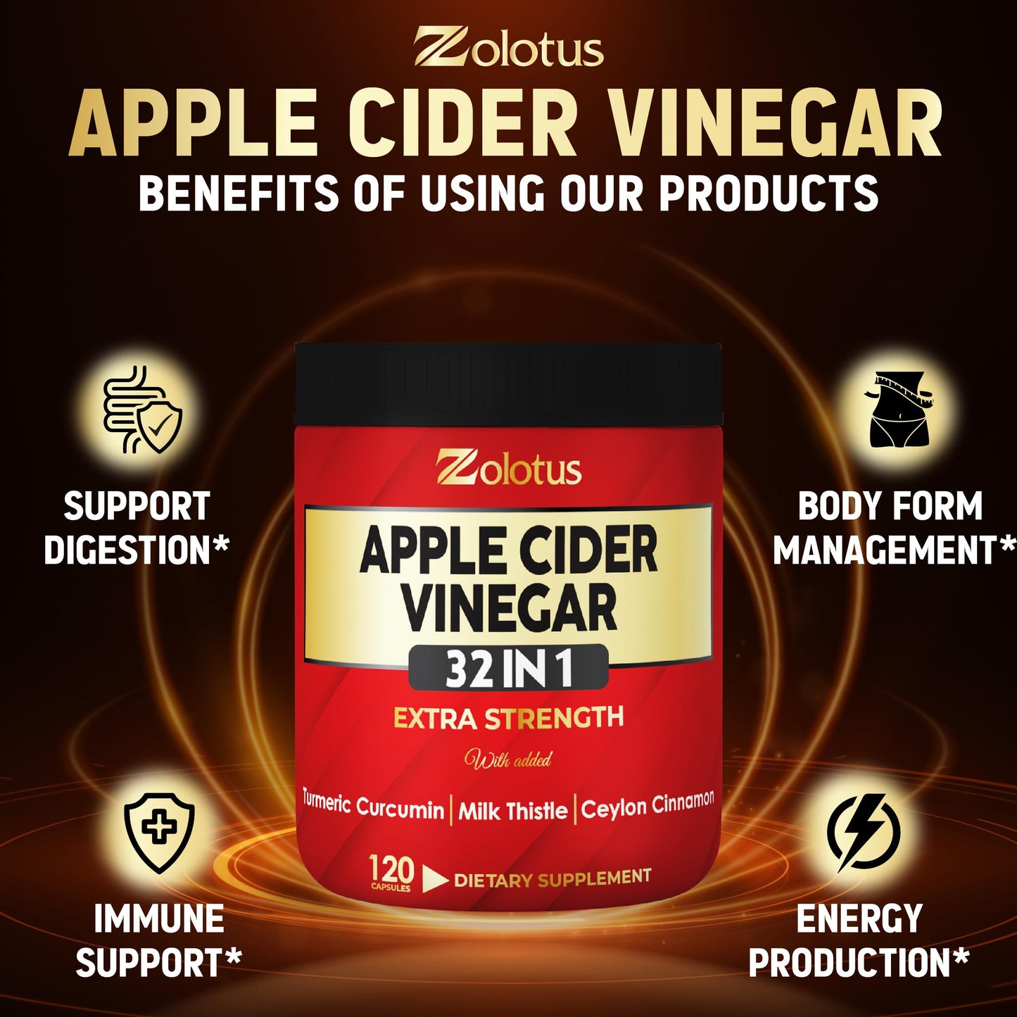 Zolotus 32-in-1 Apple Cider Vinegar Capsules | Turmeric, Cinnamon & Immune Support | 120 Caps