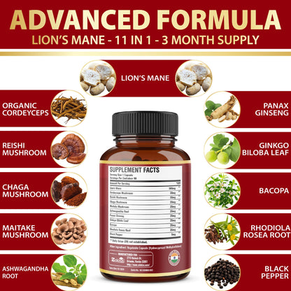 Zolotus 11 in 1 Lion's Mane Capsules – 3 Month Supply with Cordyceps, Reishi & Ginseng