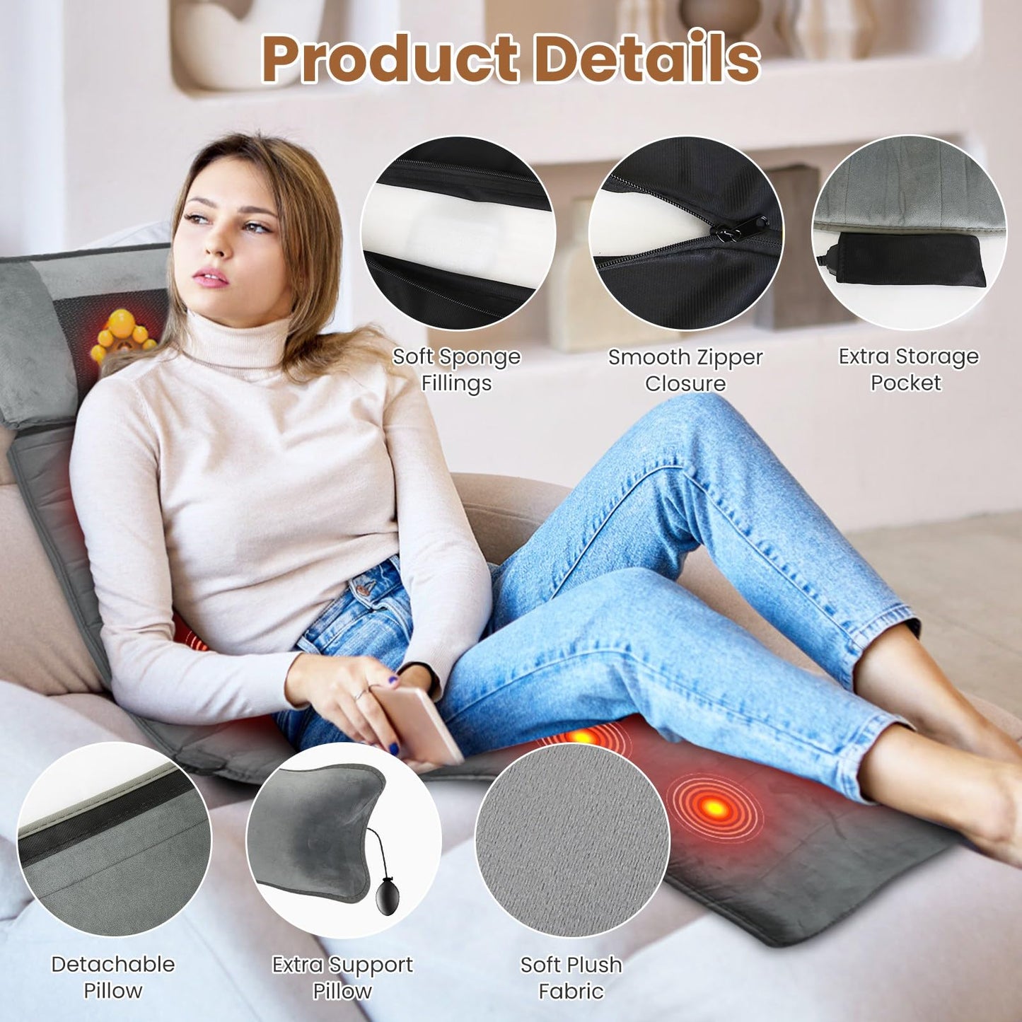Zorpupoa Full Body Massage Mat with Heat & Shiatsu Pillow — 10 Motors, 3 Heating Pads