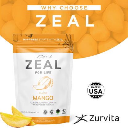 Zurvita Zeal for Life Mango Wellness Drink Mix – Gluten-Free, Vegan, with Biotin & Essential Vitamins (B12, C, D, E) – 30 Servings (420g)