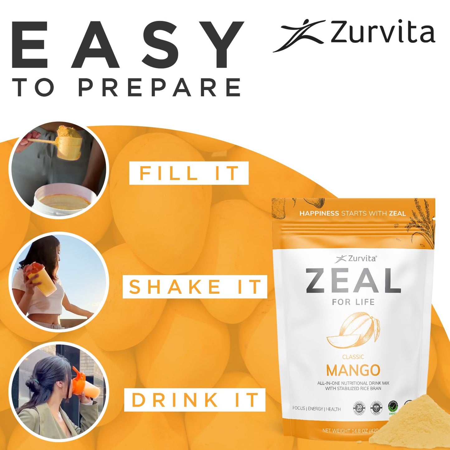 Zurvita Zeal for Life Mango Wellness Drink Mix – Gluten-Free, Vegan, with Biotin & Essential Vitamins (B12, C, D, E) – 30 Servings (420g)