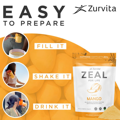 Zurvita Zeal for Life Mango Wellness Drink Mix – Gluten-Free, Vegan, with Biotin & Essential Vitamins (B12, C, D, E) – 30 Servings (420g)