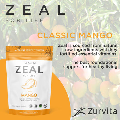 Zurvita Zeal for Life Mango Wellness Drink Mix – Gluten-Free, Vegan, with Biotin & Essential Vitamins (B12, C, D, E) – 30 Servings (420g)