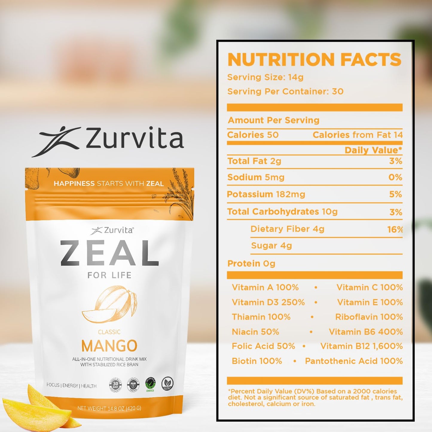 Zurvita Zeal for Life Mango Wellness Drink Mix – Gluten-Free, Vegan, with Biotin & Essential Vitamins (B12, C, D, E) – 30 Servings (420g)