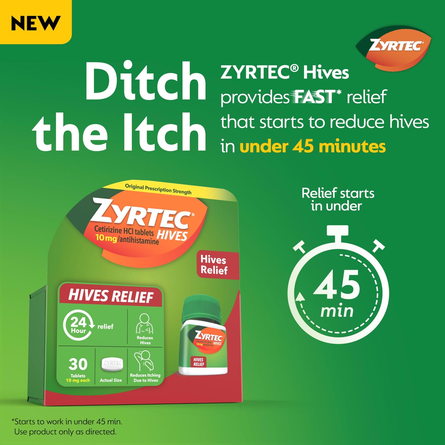 Zyrtec 24 Hour Hives Relief Tablets, 10 mg Cetirizine HCl – Fast Itch & Hive Relief, 30 Count