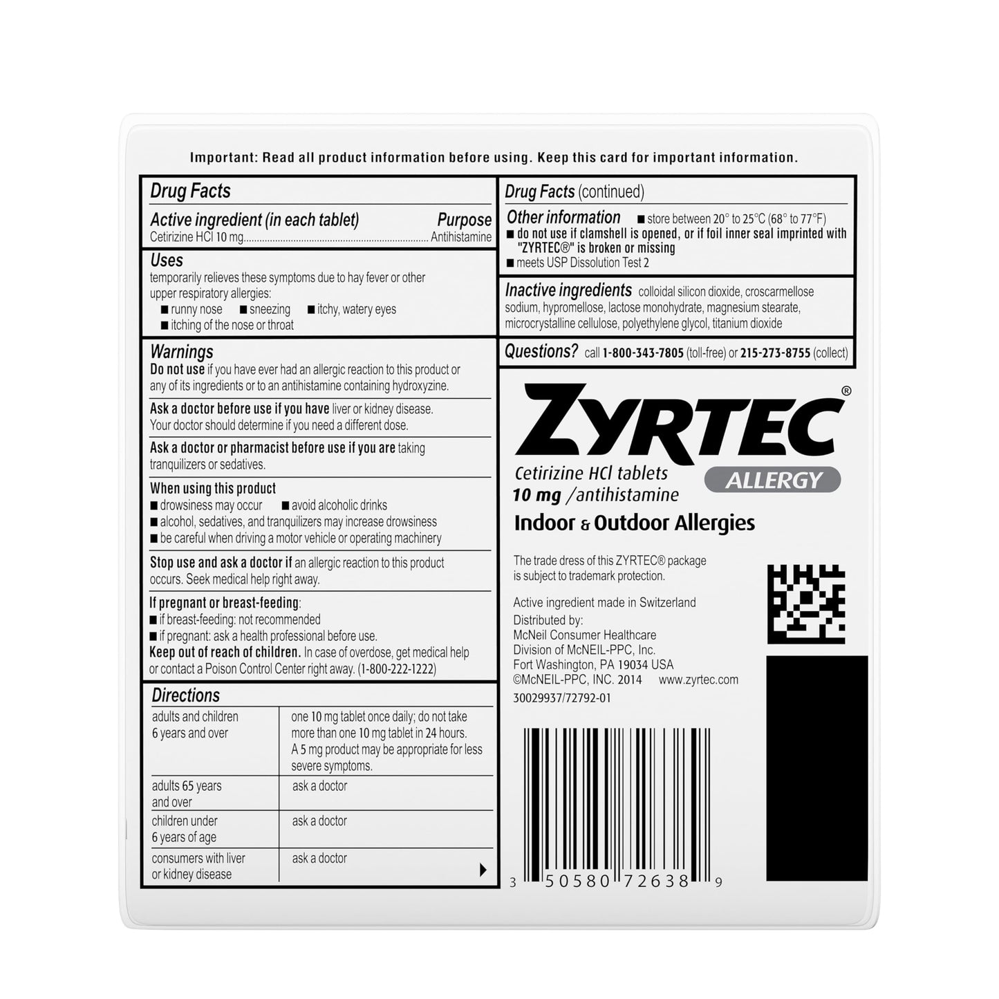 Zyrtec 24 Hour Allergy Relief Tablets - 45 ct, 10 mg Cetirizine HCl