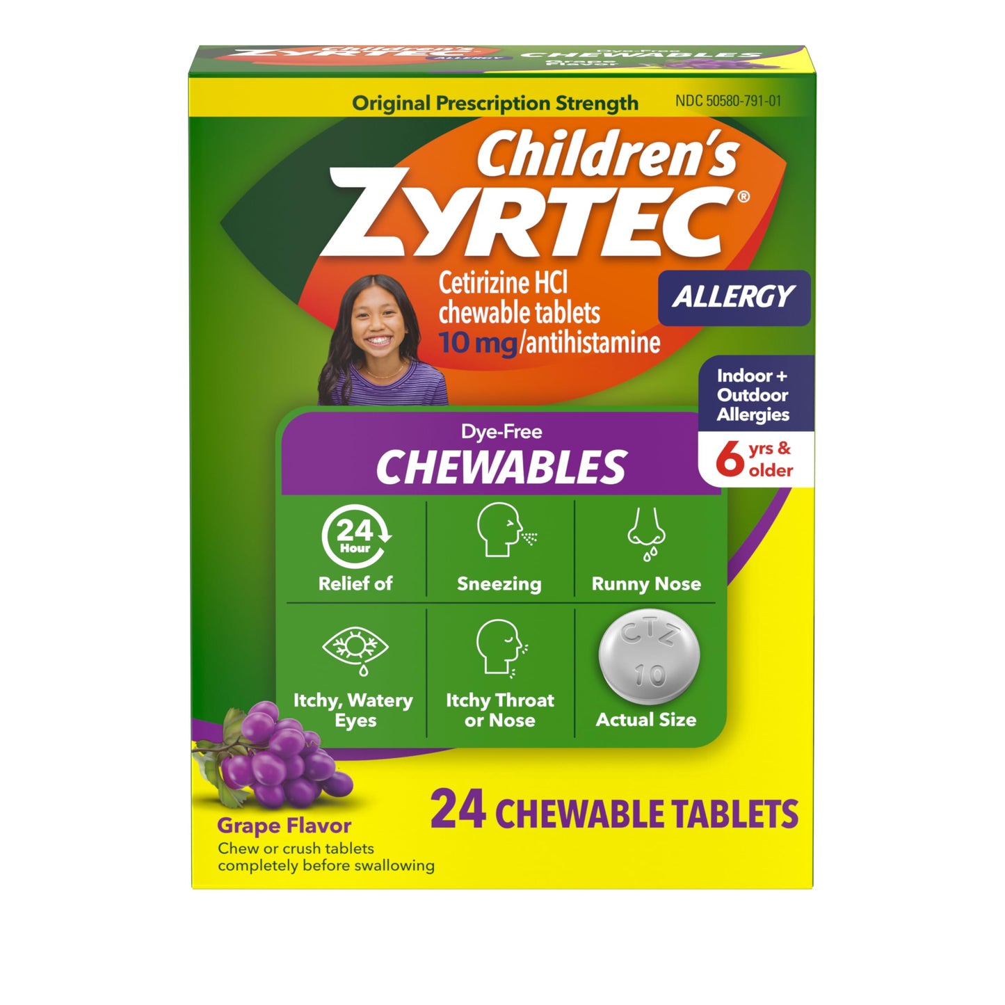 Zyrtec Children\u2019s Dye-Free Chewables  24-Hour Allergy Relief, Grape Flavor, 10 mg Cetirizine HCl, 24 ct