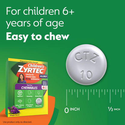 Zyrtec Children\u2019s Dye-Free Chewables  24-Hour Allergy Relief, Grape Flavor, 10 mg Cetirizine HCl, 24 ct