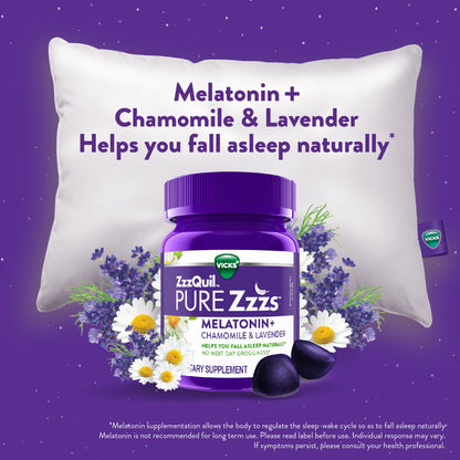 ZzzQuil PURE Zzzs Melatonin Gummies - 2mg Sleep Aid with Chamomile & Lavender | Wildberry Vanilla, 24 Gummies